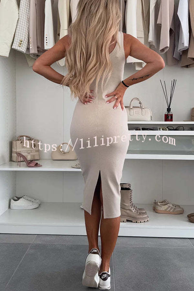 Comfort and Femininity Knit Ribbed Tank Slit Stretch Midi Dress