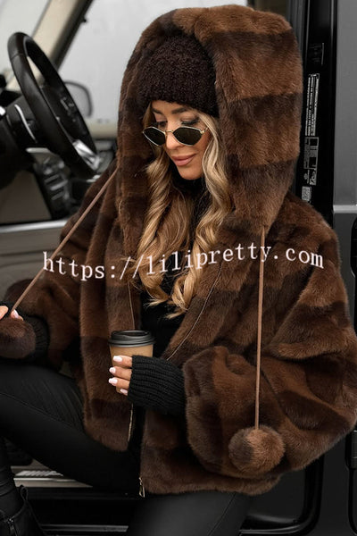 Winter Latte Gradient Print Ribbed Balloon Sleeve Hooded Loose Plush Coat