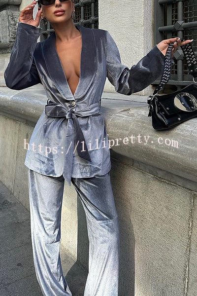 Cool Girl Energy Velvet Long Sleeve Belted Lapel Coat and Elastic Waist Pocketed Loose Pants Set