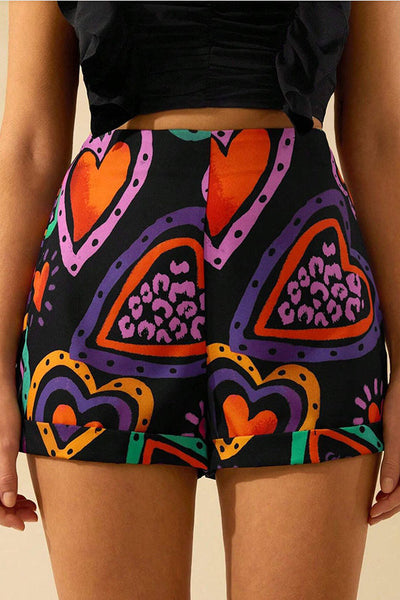 Heart Graffiti Print Casual Side Zipper Shorts