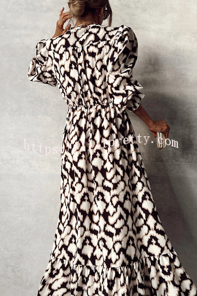 Unique Printed V-neck Waist High Slit Ruffled Maxi Dress