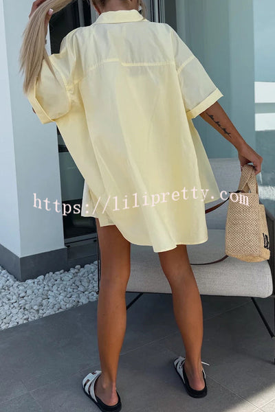 Summer Casual Loose Short-sleeved Shirt and Elastic High Waist Shorts Set