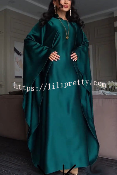 Dignified and Elegant Satin Batwing Sleeve with Waist Tie Design A-line Maxi Dress