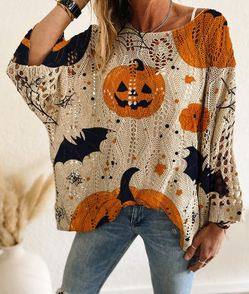 Halloween Pumpkin & Bat Hollow Out Knit Oversized Sweater
