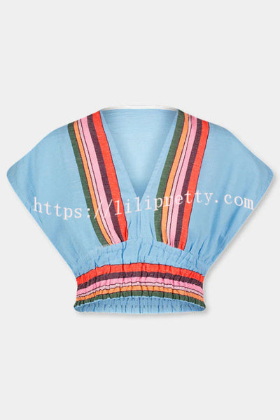 Stylish Striped Print V-neck Cropped Top and Elastic Waist Casual Maxi Skirt Set