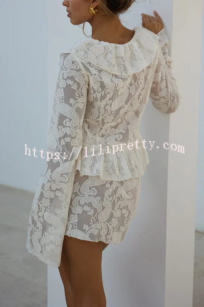 Feel Fabulous Ruffle Lace Long Sleeve Blouse and Mid Rise Elastic Waist Mini Skirt Set
