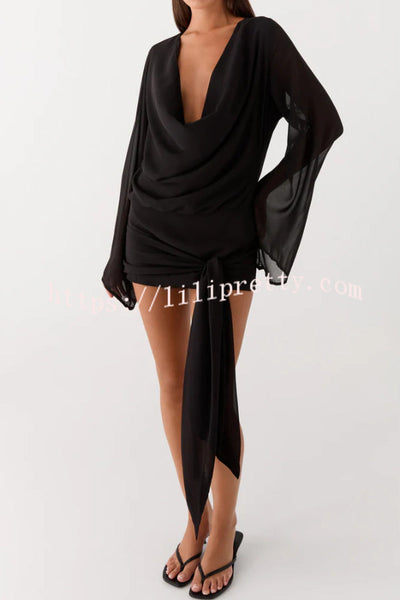 Tie-dye Print V-neck Long-sleeved Ribbon Vacation Mini Dress