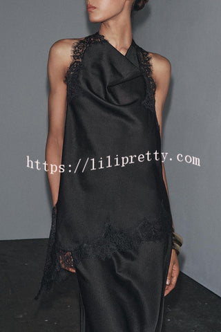 Dolly Satin Lace Trim Halter Cowl Neck Asymmetric Hem Tank