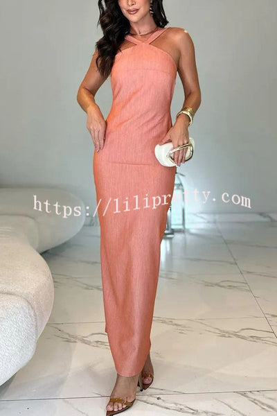 Effortless Chic Solid Color V-neck Backless Tie-up Slit Maxi Dress