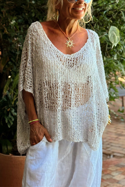 Solid Color Loose-fitting Openwork Casual Knitted Cover-up Top
