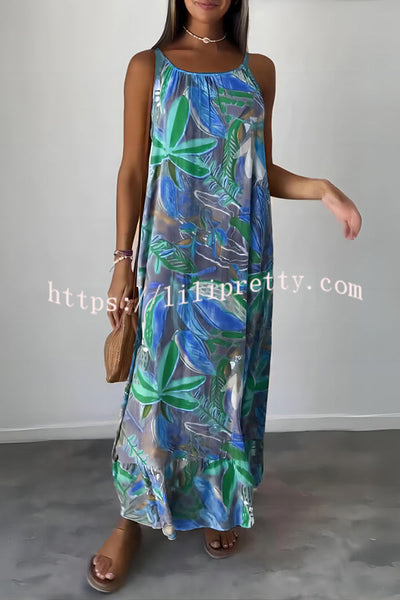Unique Botanical Print Casual Loose Strappy Maxi Dress
