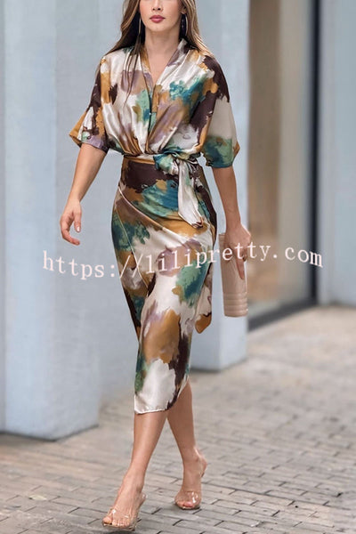Cityscape Moment Satin Tie Dye Print Half Sleeve Wrap Midi Dress