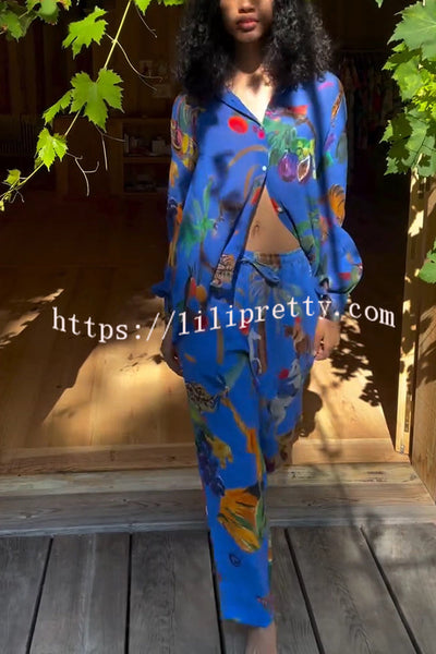 Unique Print Lapel Long Sleeve Loose Shirt and Elastic Waist Pocket Wide Leg Pants Set