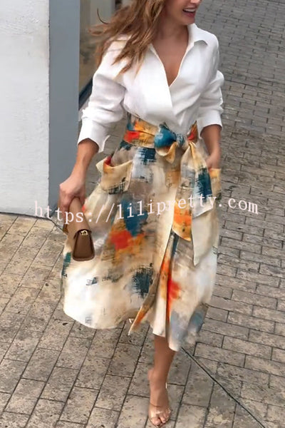 Jiles Linen Blend Unique Contrast Print Long Sleeve Tie-up Pocket Shirt Midi Dress