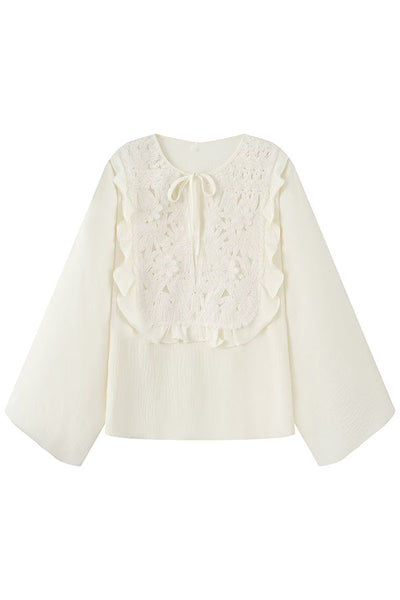 Fashionable Round Neck Tie Hollow Stitching Casual Shirt