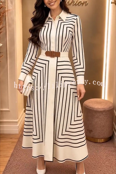 Maderia Geometric Lines print Long Sleeve Belted Shirt Midi Dress