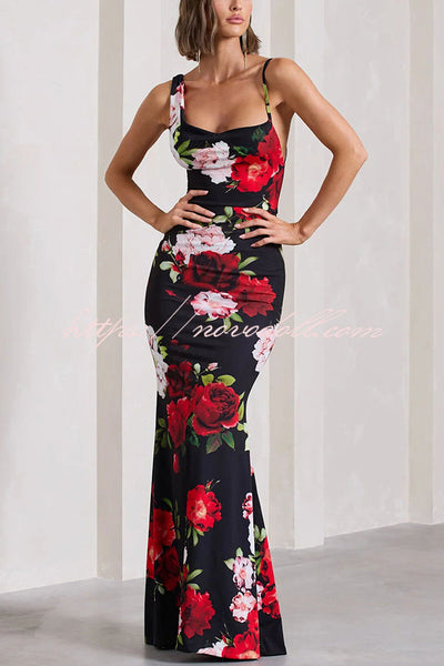 Keep Blooming Floral Print Asymmetric Cowl Neckline Stretch Maxi Dress