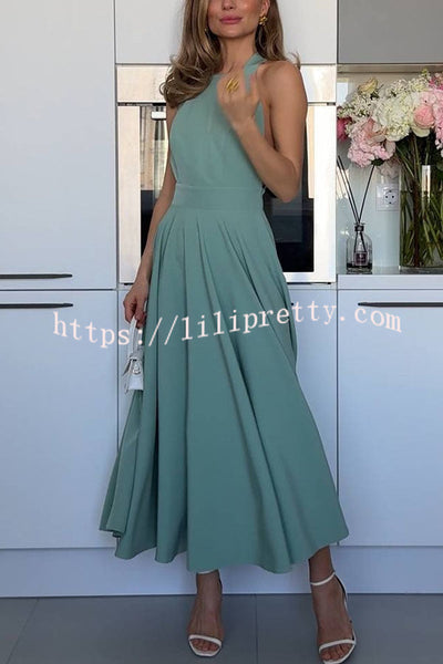 Extremely Elegant Square Collar Back Tie-up Umbrella Hem Midi Drerss