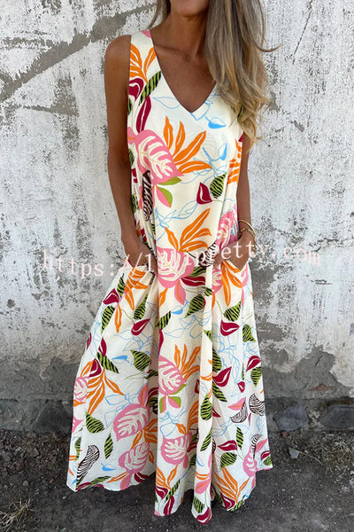 Botanical Print V-Neck Pocket Loose Casual Maxi Dress