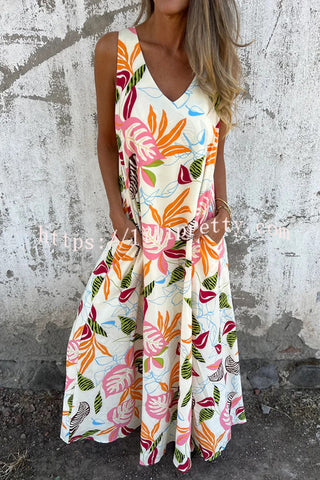 Botanical Print V-Neck Pocket Loose Casual Maxi Dress