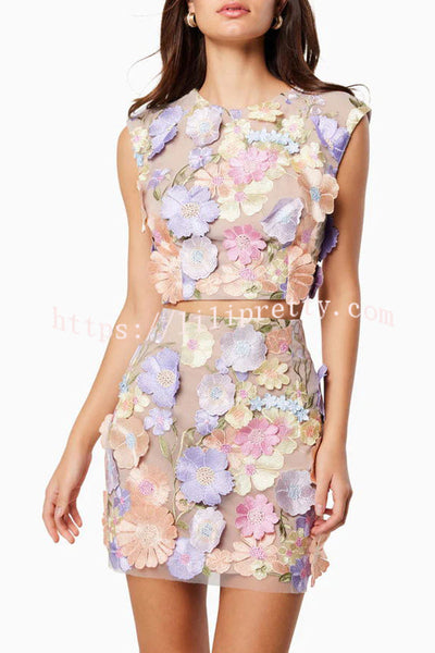Sunday Charm Embroidered Floral Applique Crop Top and High Rise Mini Skirt Set