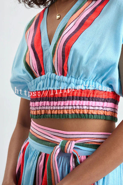 Stylish Striped Print V-neck Cropped Top and Elastic Waist Casual Maxi Skirt Set