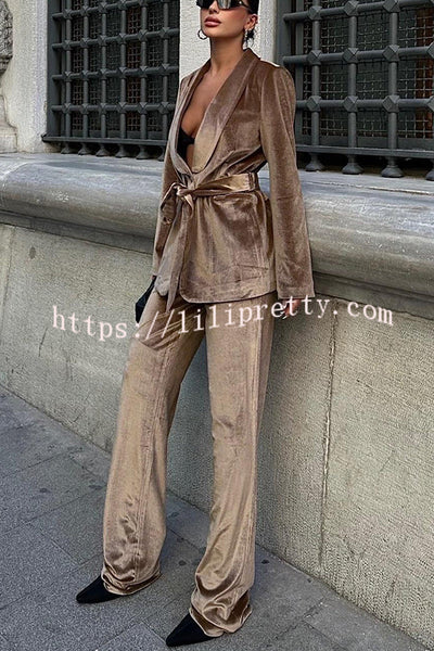 Cool Girl Energy Velvet Long Sleeve Belted Lapel Coat and Elastic Waist Pocketed Loose Pants Set