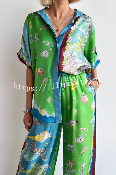 Unique Printed Lapel Short-sleeved Loose Shirt and Elastic Waist Tie Wide-leg Pants Set