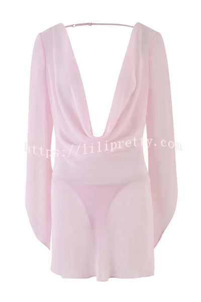 Solid Color See-through V-neck Long-sleeved Sexy Backless Mini Dress