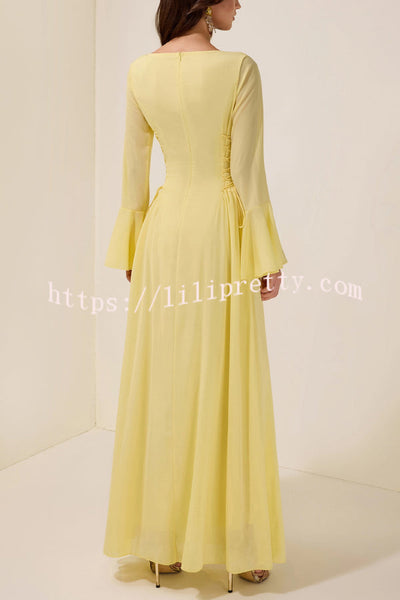 Fashionable Beaded Long-sleeved Square-neck Fitted Waist Tie Maxi Dress