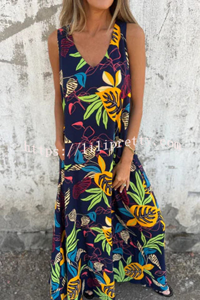 Botanical Print V-Neck Pocket Loose Casual Maxi Dress