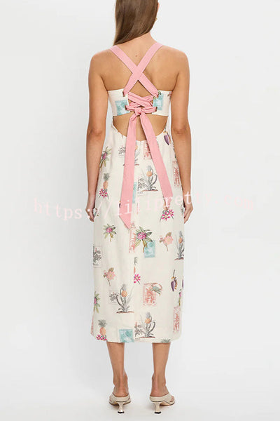 Plant Print Sleeveless Square Neck Open Back Tie Casual Midi Dress