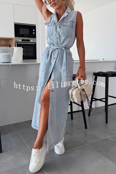 Solid Color Sleeveless Single Breasted Waist Tie Casual Pocket Denim Midi Dress