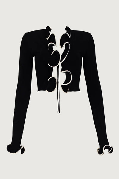 Fashion Ruffled Long-sleeved Tie-cropped Knitted Cardigan