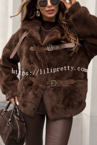 Chill Whispers Belt Buckle Design Long Sleeve Pocket Lapel Plush Coat