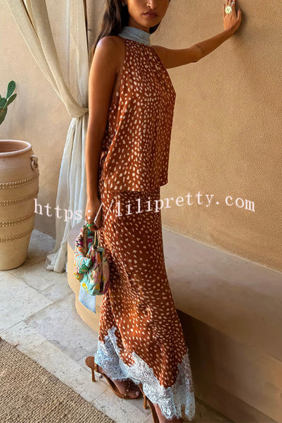 Stunning Fawn Print Contrast Color Satin Lace Trim Mid Rise Maxi Skirt