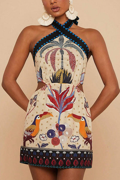 Tropical Print Halter Neck Resort Mini Dress