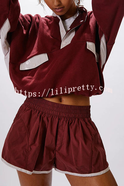 Fashion Contrast Color Stitching Stand Collar Long Sleeve Top and Elastic Waist Loose Pocket Shorts Set