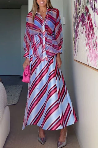 Brighter Days Satin Striped High Rise A-line Slit Maxi Skirt
