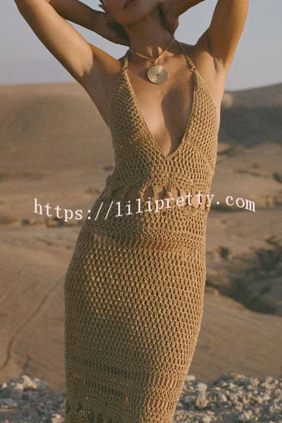 Fashionable Open-knit Backless Elegant Tassel Hem Vacation Cover-up Maxi Dress