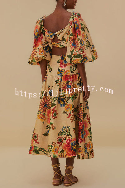 Jungle Style Linen Blend Floral Print Puff Sleeve Crop Top and High Waist Midi Skirt Set