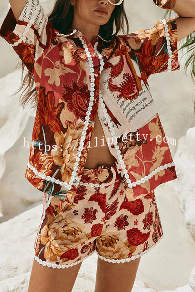 Unique Printed Collared Short-sleeved Loose-fitting Shirt and Casual Floral Trim Shorts Set