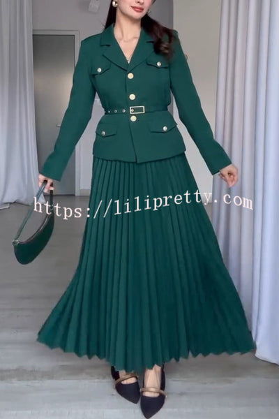 Solid Color Lapel Button Belt Blazer and Pleated Casual Maxi Skirt Set