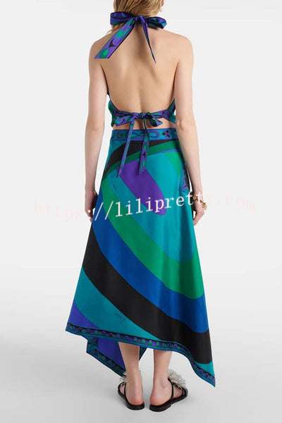 Gabbie Satin Unique Print Halter Scarf Tank and Asymmetrical Maxi Skirt Set