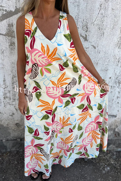 Botanical Print V-Neck Pocket Loose Casual Maxi Dress