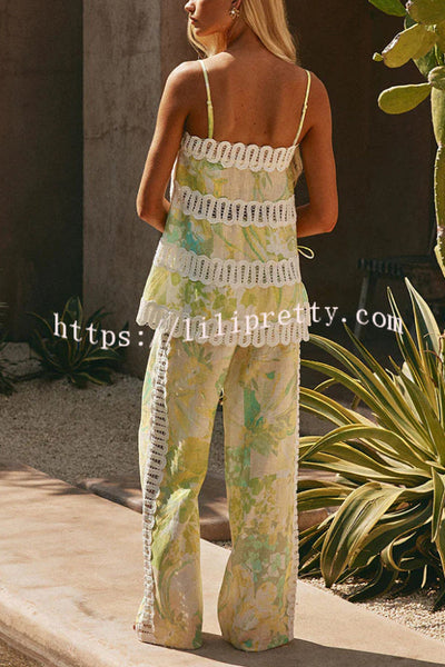 Summer Elegant Printed Curved Crochet Trim Camisole Top and Elastic Waist Casual Pocket Wide-leg Pants Set