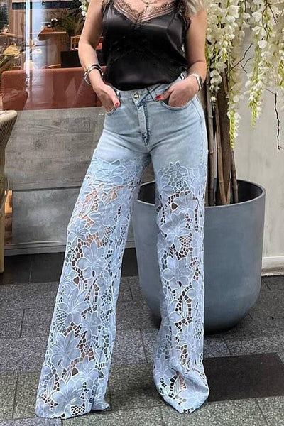 Fashion Hollow Lace Stitching Casual Pocket Denim Wide-leg Pants