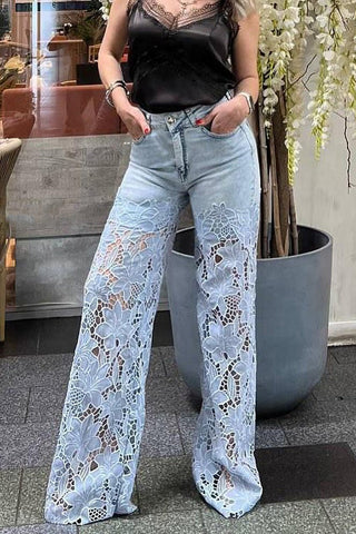 Fashion Hollow Lace Stitching Casual Pocket Denim Wide-leg Pants