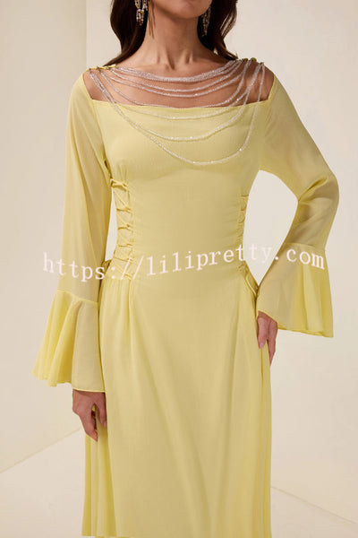 Fashionable Beaded Long-sleeved Square-neck Fitted Waist Tie Maxi Dress