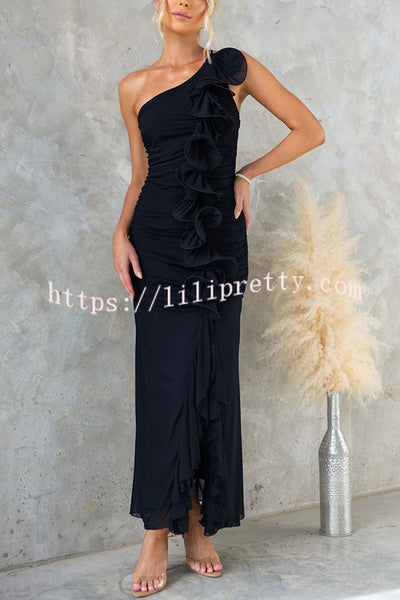 Rehna Mesh 3D Ruffles One Shoulder Stretch Maxi Dress